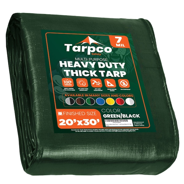 Tarpco Safety Heavy Duty Tarp, 30 ft x 0.5 mm H x 20 ft W, 7 Mil, Green/Black, Polyethylene TS-203-20X30 - main